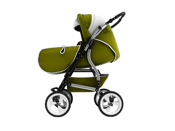 Сучасний зелений дитячий коляска трансформатор всесезонний 3d візуалізація на білому тлі без тіні
 - Фото, зображення