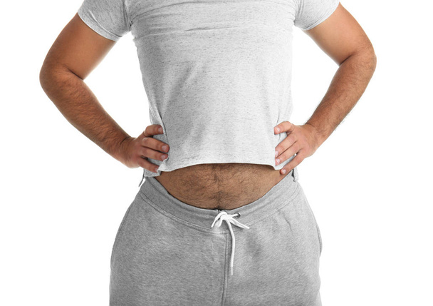 Overweight man on white background, closeup view - Foto, Imagen