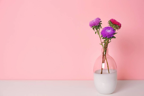 Beautiful flowers in vase and space for text on color background. Element of interior design - Foto, Imagem