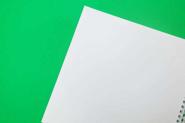 close up of open notebook on spring lying on paper background of green color. For design, mockup, copyspace - Foto, afbeelding