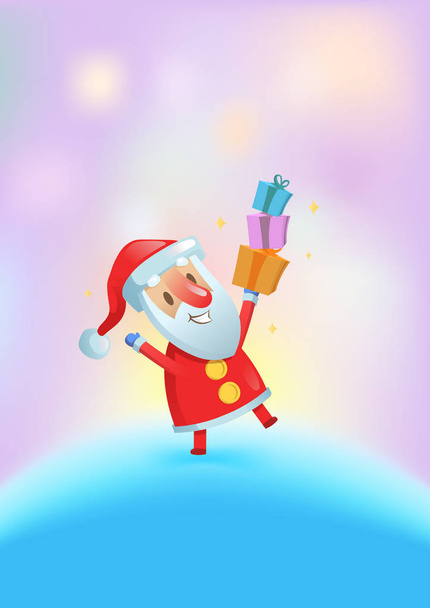 Zábavné Santa s představuje tančí mezi jasná světla. Vánoční přání. Plochá vektorové ilustrace. Vertikální. - Vektor, obrázek