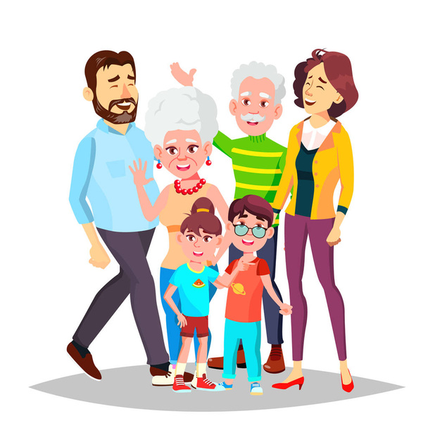 Family Vector. Full Family. Portrait. Dad, Mother, Kids, Grandparents. Poster, Advertising Template. Isolated Cartoon Illustration - Vector, Image