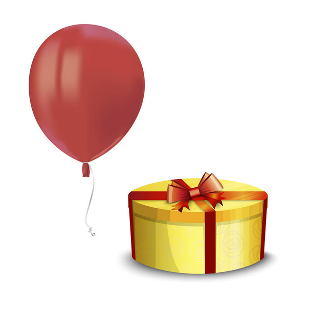 Ρεαλιστικό αέρα που φέρουν κόκκινο μπαλόνι με ανακλάσεις και κίτρινο κουτί δώρου που απομονώνονται σε λευκό φόντο. Εορταστικό στοιχείο διακόσμησης για όλες τις διακοπές. Εικονογράφηση διανύσματος - Διάνυσμα, εικόνα