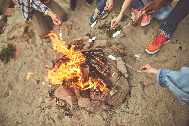 Group of people making fried marshmallows on fire - Φωτογραφία, εικόνα