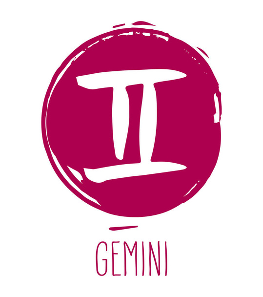 Gemini hand drawn zodiac sign. Astrology design element. Vector graphic illustration in red freeform brush stroke circle isolated over white. - Вектор,изображение