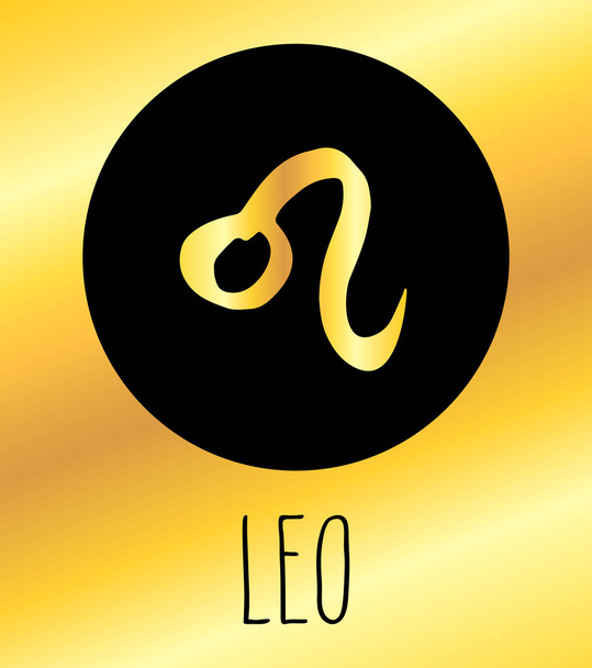 Leo hand drawn Zodiac sign illustration. Vector graphic astrology symbol design element in black circle over golden background. - Vecteur, image