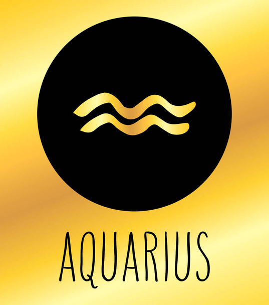 Aquarius hand drawn Zodiac sign illustration. Vector graphic astrology symbol design element in black circle over golden background. - Вектор,изображение