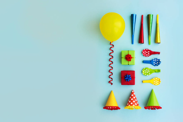 Colorful collection of birthday party objects from above - Photo, Image