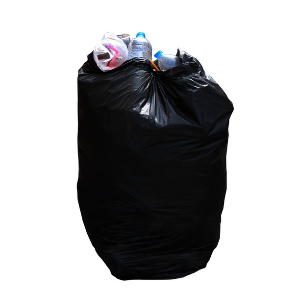 Bin, σκουπίδια, σκουπίδια πλαστικά, σκουπίδια τσάντα μαύρο απομονωθεί σε λευκό φόντο, ρύπανση από τα πλαστικά απόβλητα - Φωτογραφία, εικόνα