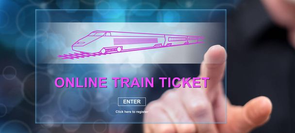 Człowiek, dotykając pojęciem biletu kolejowego w Internecie na ekranie dotykowym palcem - Zdjęcie, obraz