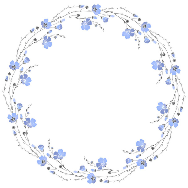 Wreath with flax flowers on a white background. Vector round frame  - Vektor, kép