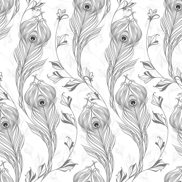 Seamless pattern with peacock feathers and flowers on a white background - Vecteur, image