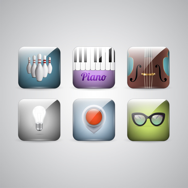 Vektor-Set von Symbolen - Cello, Klavier, Bowling, Brille, Lampe, Navigationssymbol. - Vektor, Bild