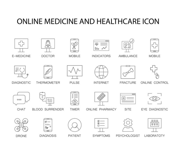 Conjunto de ícones de linha. Cuidados de saúde online e embalagem de medicamentos
.  - Vetor, Imagem