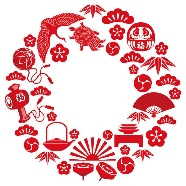 Japanse Gelukssymbolen vieren het nieuwe jaar gerangschikt in de vorm van een cirkel, vectorillustratie. - Vector, afbeelding