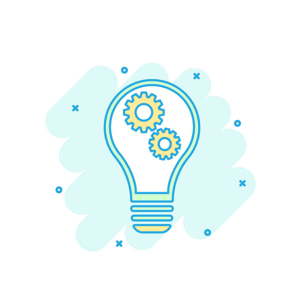 Cartoon colored light bulb with gear icon in comic style. Bulb idea sign illustration pictogram. Lamp splash business concept. - Вектор,изображение