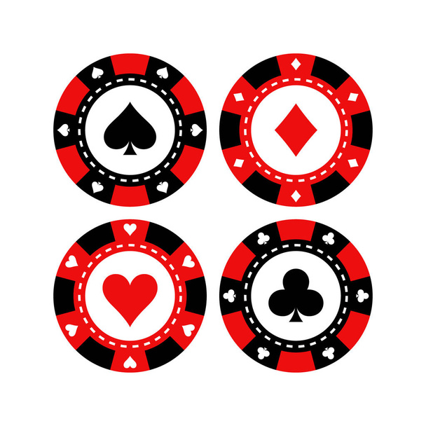 Red and black poker gaming chips vector set. Casino tokens coins with playing cards symbols, hearts, spades, clubs, diamonds. - Вектор,изображение