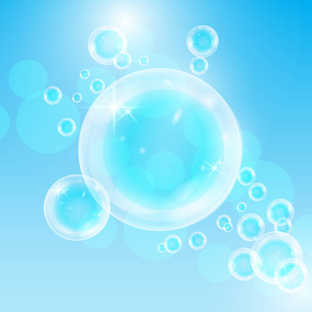 Realistic soap bubbles with rainbow reflection set isolated on the blue background. vector Illustration - ベクター画像