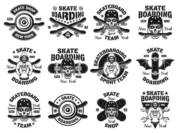 Skateboarding doce emblemas aislados vector
 - Vector, imagen