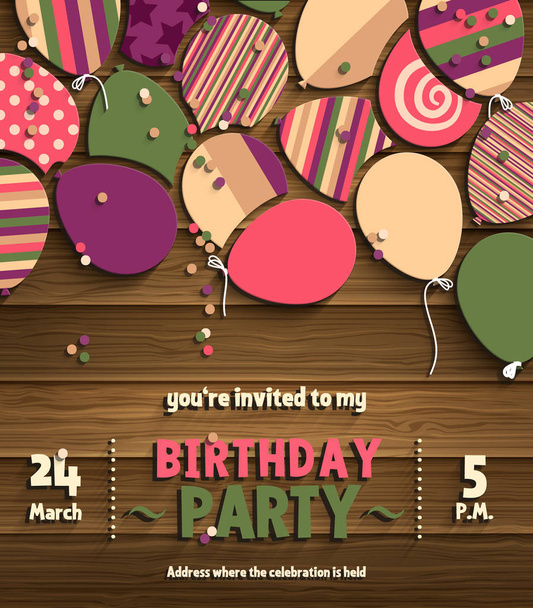 Πρόσκληση κάρτα γενεθλίων πάρτυ με πολύχρωμα μπαλόνια επίπεδη σε ξύλινο υπόβαθρο. Διάνυσμα. - Διάνυσμα, εικόνα