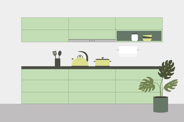 Moderno interior de luz nova da cozinha com móveis verdes e utensílios de cozinha. Ilustração vetorial de estilo plano
. - Vetor, Imagem