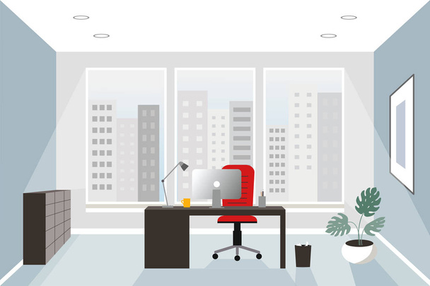 Concepto interior de oficina. Estilo plano. Moderno espacio de trabajo empresarial con mobiliario de oficina: silla, escritorio y ordenador. Ilustración vectorial
. - Vector, Imagen