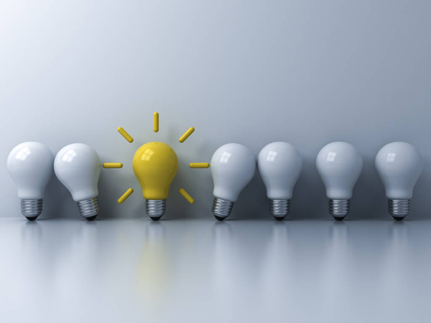 異なる概念 1 つ黄色アイデア電球ウィンドウの反射や影リーダーシップおよび個性創造的なアイデアの概念に 3 d レンダリング ホワイト点灯していない電球から目立つと思う - 写真・画像