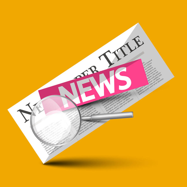 News - Newspapers Vector Symbol with Magnifying Glass on Yellow Background - Vector, Image