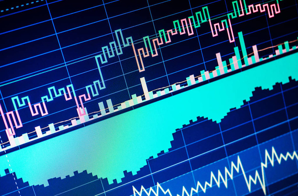 Stock market graph on computer display. Business analysis diagram. Fundamental and technical analysis concept. Charts of financial instruments with various type of indicators - Photo, Image