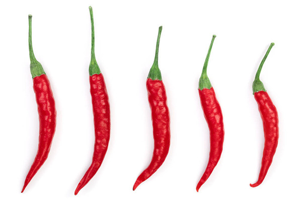 red hot chili peppers isolated on white background. Top view. Flat lay pattern. Set or collection - Φωτογραφία, εικόνα