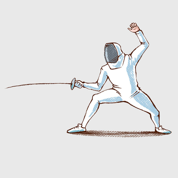 Fencing athlete with sword, hand drawing. Illustration of fencer athlete on light gray background. Sport vector icon. Flat style vector clip art. - Vector, Image