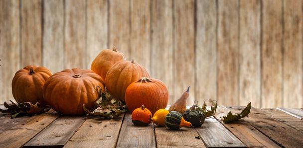 Thanksgiving concept. Colorful pumpkins and fall leaves on rustic wooden background, copy space - Photo, Image