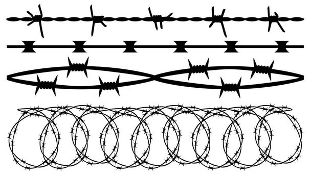 Barbed wire, seamless brush. Barbwire set isolated silhouette, vector background - Vector, Image