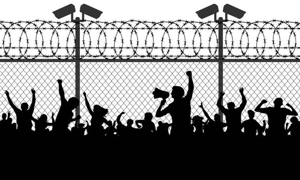 Menschenmenge hinter Gittern, die die Öffnung der Grenze fordert. Migranten und Flüchtlinge stehen hinter geschlossener und geschlossener Absperrung, Zaun aus Stacheldraht. Vektor Illustration Silhouette - Vektor, Bild