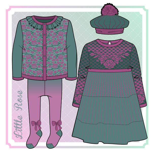 Set di articoli in maglia per una bambina (abito dall'aspetto vintage, berretto con pon pon, cardigan jacquard e collant decorati
). - Vettoriali, immagini