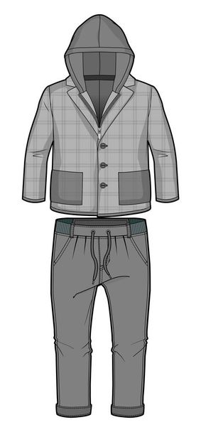 Комбінезон для чоловіків (цивільний картатий сірий піджак із застібкою-блискавкою та кишенями та бігунами з витонченою стрічкою та натяжкою на талії
) - Вектор, зображення