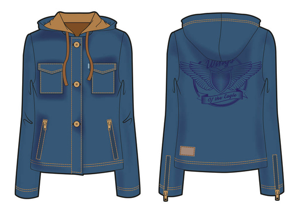 Ciemno niebieska kurtka z kapturem, z zamknięciem na zamek błyskawiczny, kieszenie i pogrubienie haftem na plecach - Wektor, obraz