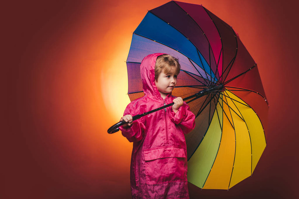 Cute little boy are preparing for autumn rain day. Cheerful boy in raincoat with colorful umbrella. Kid in rain. Sale for entire autumn kids collection, incredible discounts and wonderful choice. - Φωτογραφία, εικόνα