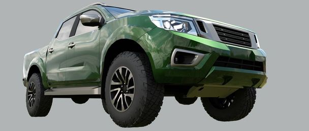 Yeşil ticari araç kamyon Çift Kişilik taksi ile. Insignia logolar ve etiketleri için temiz boş bir beden olmadan makine. 3D render - Fotoğraf, Görsel
