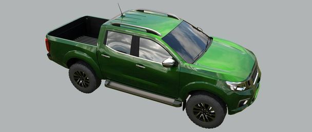 Зеленый грузовой автомобиль с двойной кабиной. Машина без опознавательных знаков с чистым пустым кузовом для замены логотипов и этикеток. 3d-рендеринг
 - Фото, изображение