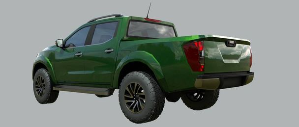Зелена вантажівка для доставки комерційних автомобілів з подвійною кабіною. Машина без знаків з чистим порожнім тілом для розміщення ваших логотипів та етикеток. 3D візуалізація
 - Фото, зображення