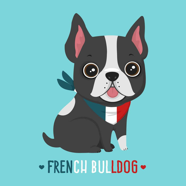 Εικονίδιο του φορέα του σκύλου φυλών γαλλικό μπουλντόγκ. Μπουλντόγκ κουτάβι μαύρο και στα λουλούδια κασκόλ της γαλλικής σημαίας. - Διάνυσμα, εικόνα