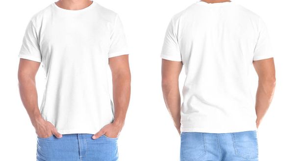 Camiseta hombre en blanco sobre fondo blanco, vistas frontal y trasera. Prepárate para el diseño
 - Foto, Imagen
