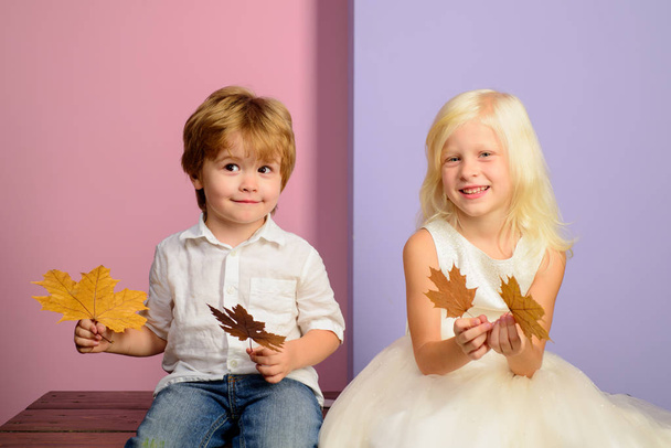 Little children in autumn playing with leaves on autumn colour background. Children advertise your product and services. The big discounts for all autumn clothes for children. - Valokuva, kuva