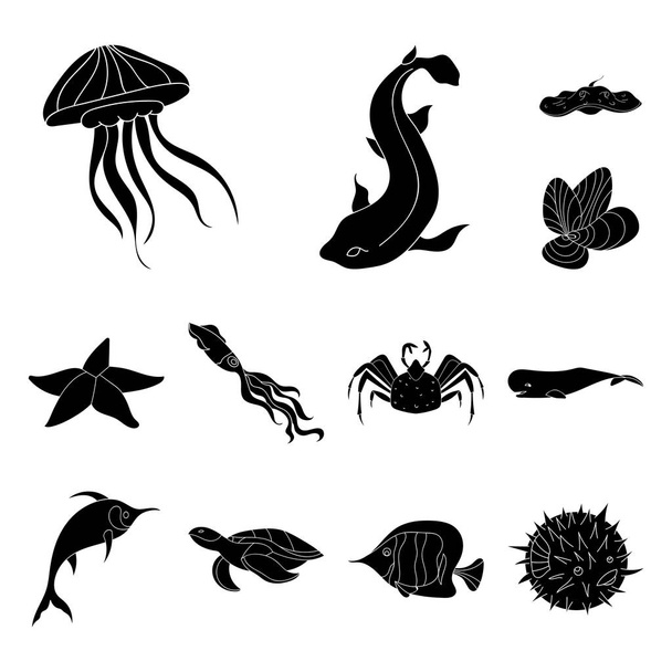 A variety of marine animals black icons in set collection for design. Fish and shellfish vector symbol stock  illustration. - Vektör, Görsel