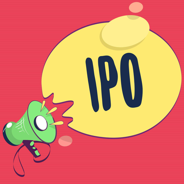 Текстовый знак, показывающий Айпо. Концептуальная фотография Самая первая продажа акций, выпущенных компанией для публики в качестве инвесторов
 - Фото, изображение