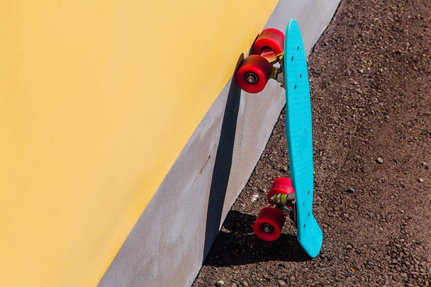 Blue plastic skateboard penny board with pink wheels. - 写真・画像