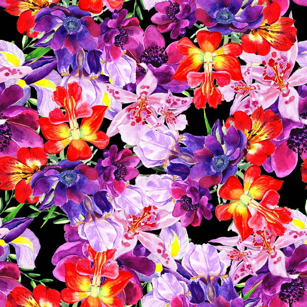 Varrat nélküli virágos háttérmintázatának megadása. Absztrakt háttérkép. Virágok, levelek, fekete. Akvarell, kézzel rajzolt. - Fotó, kép