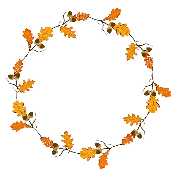 Autumn season frame with pumpkin, oak leaves, akorn, dry branch.Fall decoration element for cards and seasonal decor. Isolated on white background - Vettoriali, immagini