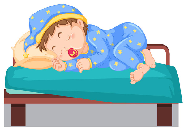 ベッドの図で眠っている若い子供 - ベクター画像